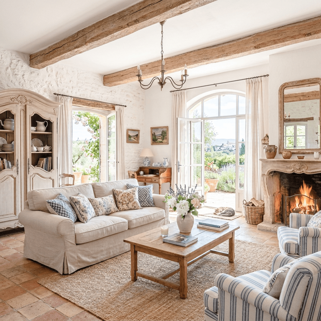 French country living room with garden views through open glass doors